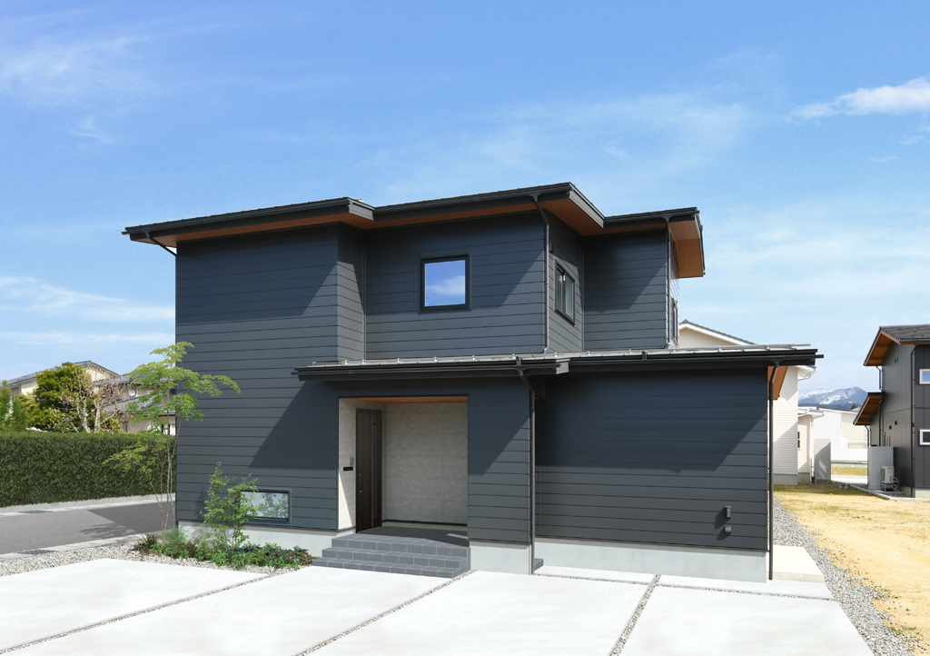 黒の金属サイディング×木目のコントラスト。洗練されたシャープな佇まい