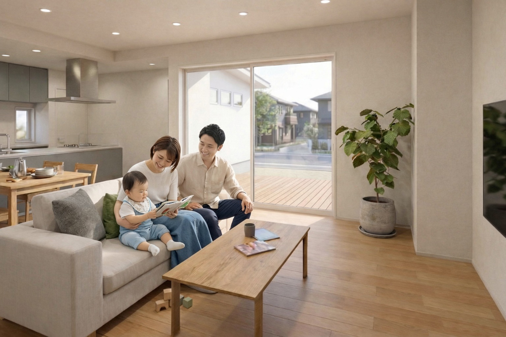 漆喰が心地よい、約23帖の大空間LDK