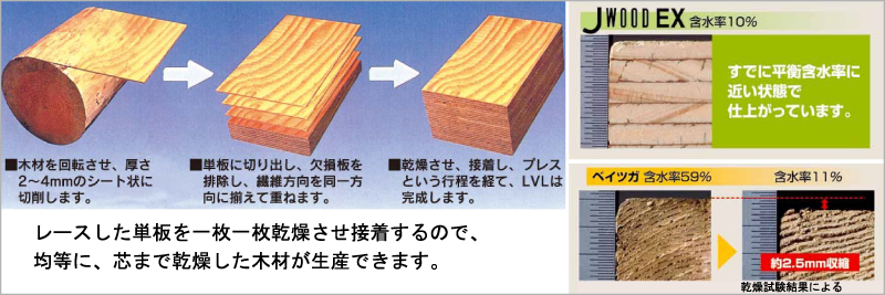 JWOODはレースした単板を一枚一枚乾燥させ接着するので、均等に、芯まで乾燥した木材が生産できます。